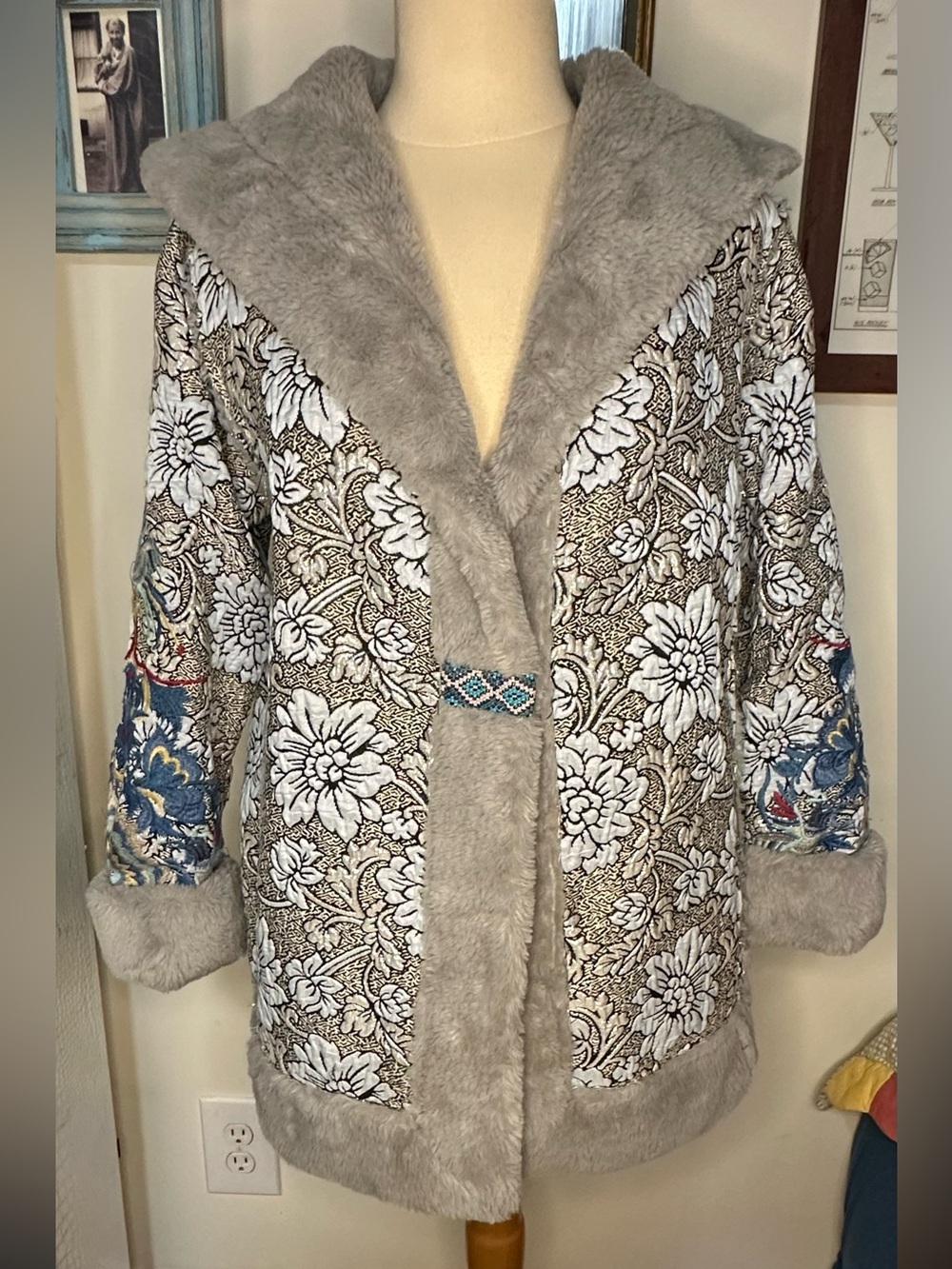 Johnny Was Floral Teddy Jacket with Gray Faux Fur Trim